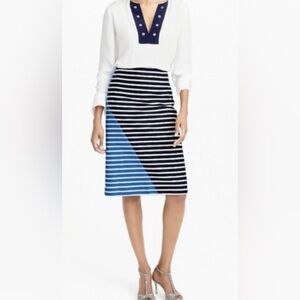J Crew Color Block Striped Office Career Classic Artsy Pencil Skirt Blue White 4